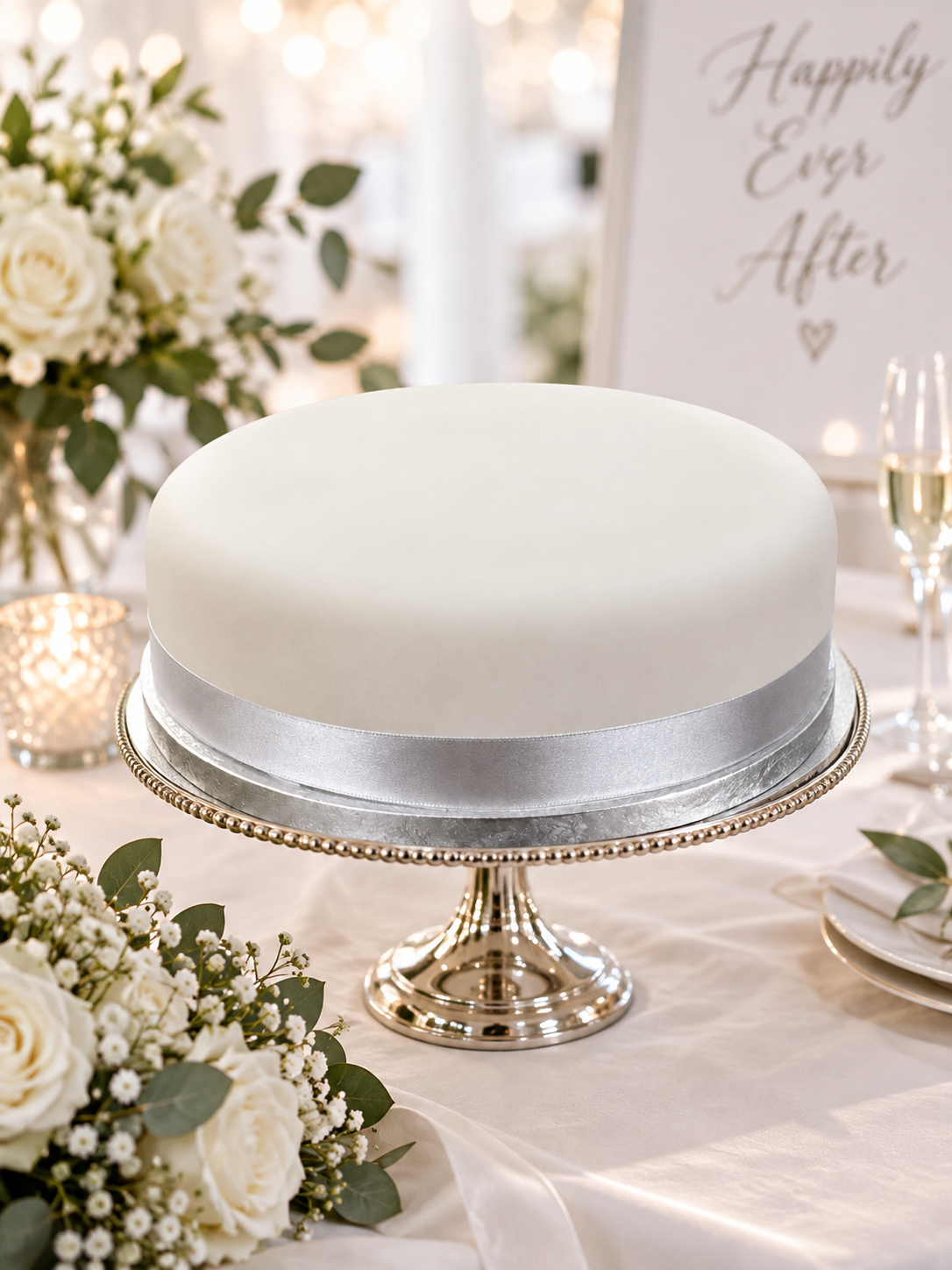 A round white cake with a wide silver ribbon band sits on a gold pedestal stand on a decorated wedding table with flowers, champagne flutes, and a 'Happily Ever After' sign in the background.