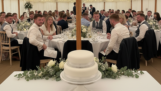 Wedding reception with guests seated at tables and a wedding cake on a table.