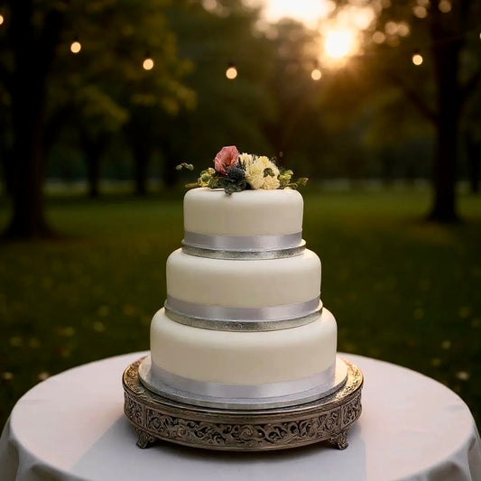 Three-tier handmade wedding fruit cake with white fondant icing and silver ribbon on a silver stand, handmade in Suffolk by Grandpa’s Cakes.