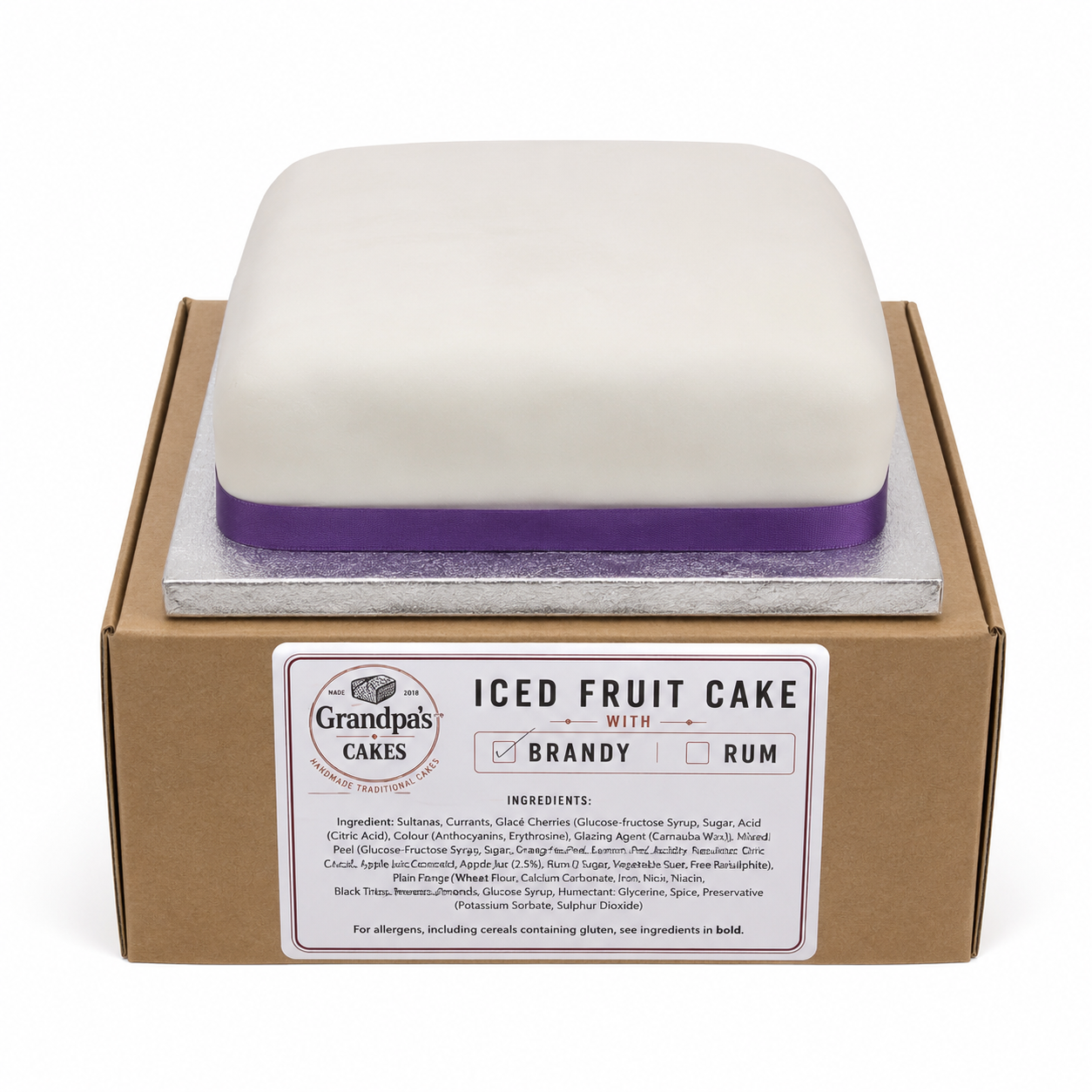 8 inch Square Iced Gluten Free Fruit Cake with Brandy Shipped to USA