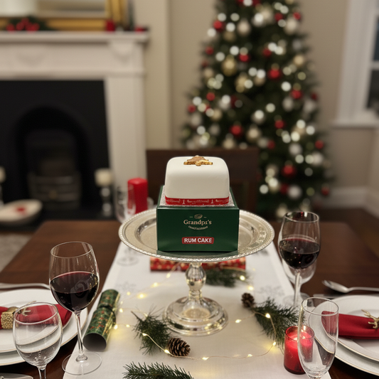 Rum square christmas fruit cake iced on a christmas dinner table.