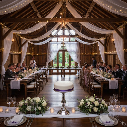 wedding cake in a barn on a pedestal on the top table.