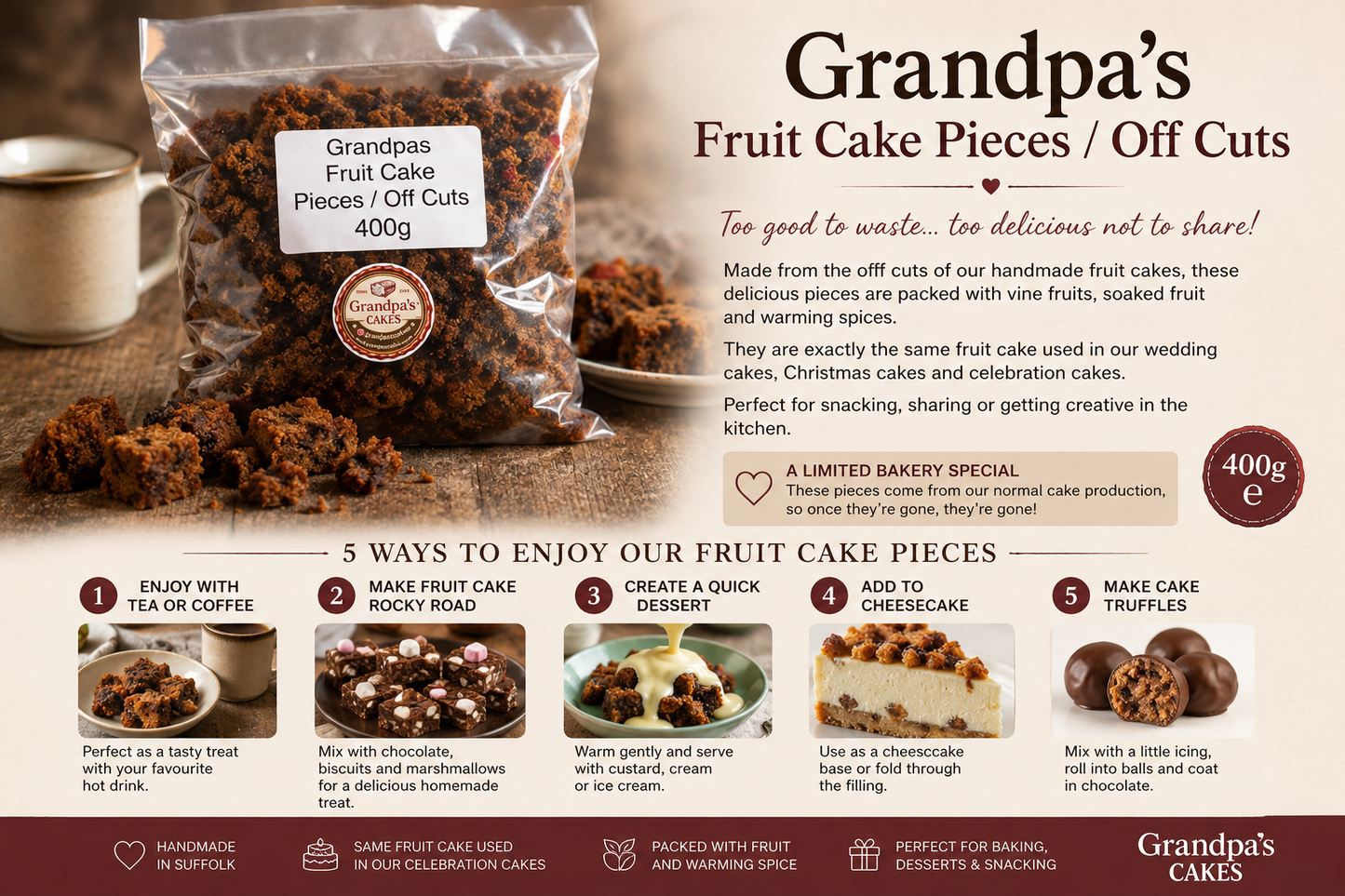 Grandpa's Fruit Cake Pieces 400g bag made from handmade fruit cake off cuts