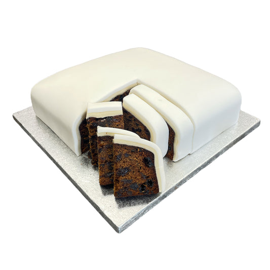 Square iced fruit cake, handmade wedding cake, fruitcake.