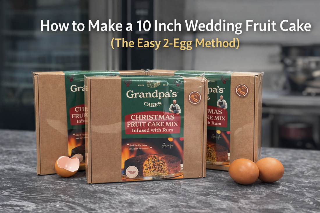 Grandpa’s Cakes Christmas fruit cake mix boxes with eggs – easy 2 egg method for 10 inch wedding fruit cake