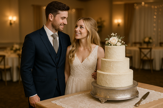 Newlywed couple smiling beside a two-tier wedding fruit cake on a silver stand, topped with pink roses.