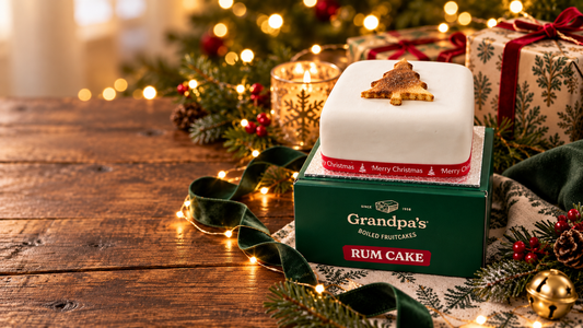 4 inch iced rum Christmas fruit cake on Grandpa’s Cakes gift box with festive decorations