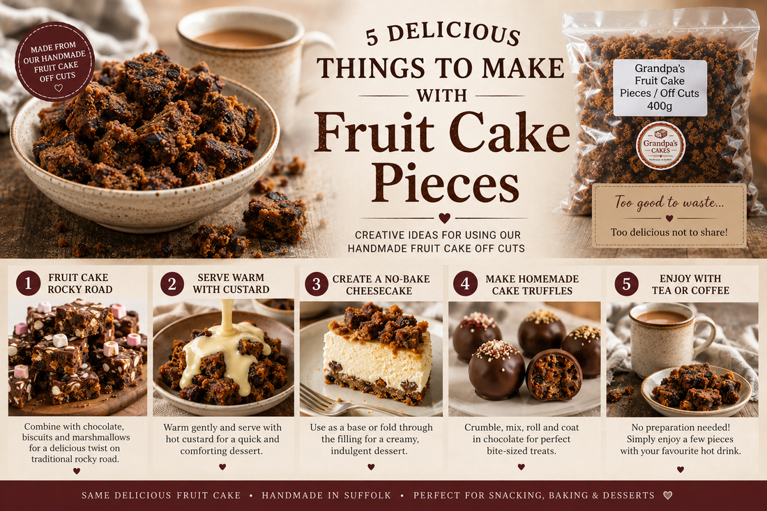 Handmade fruit cake pieces in bowl with Grandpa's Cakes fruit cake pieces bag