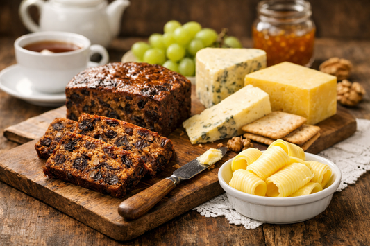 Traditional fruit cake with mature cheddar cheese, stilton and Wensleydale