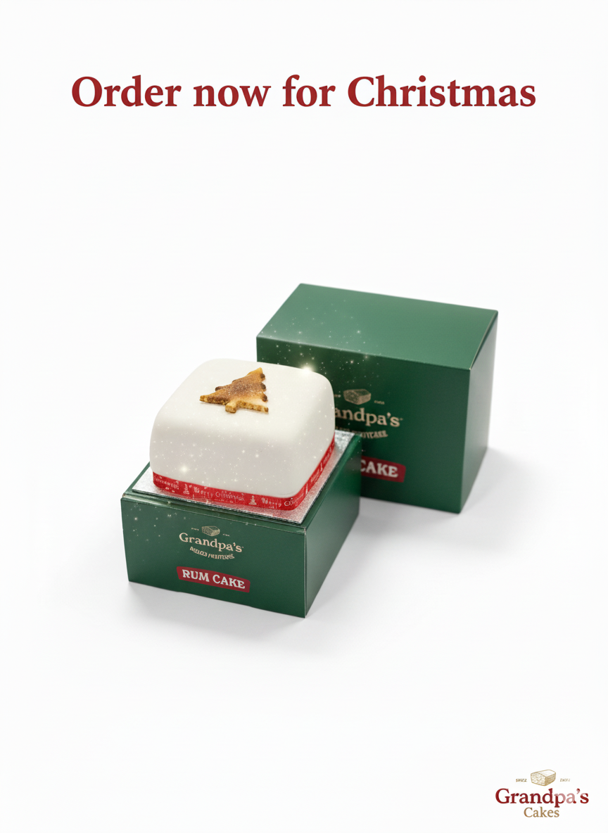 Order your christmas cake now for delivery at Christmas, image shows 4" rum cake on the printed Christmas box.