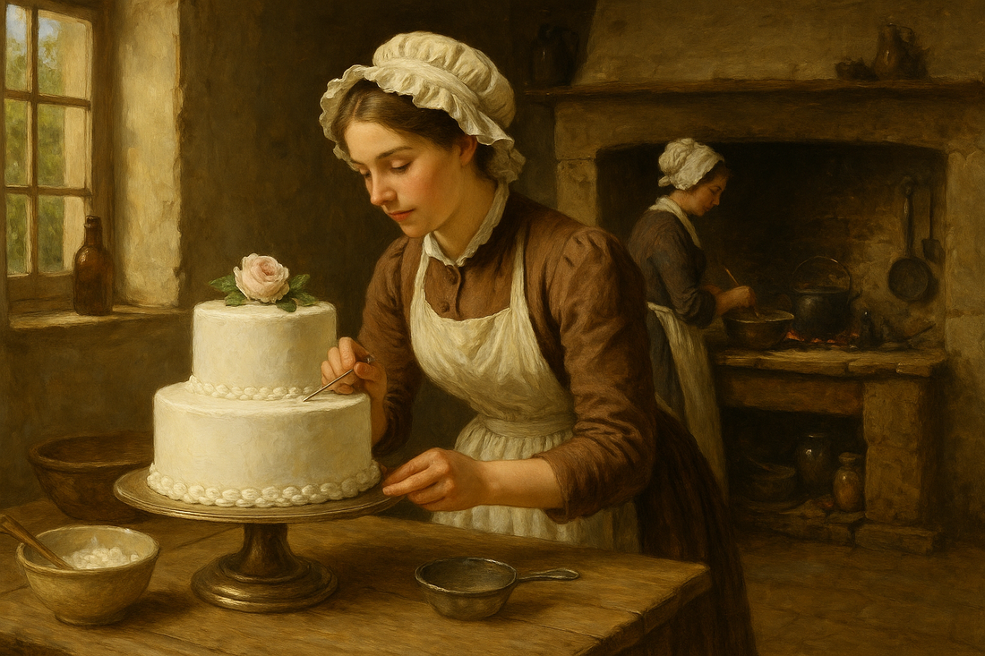 Victorian woman in apron decorates a two-tier wedding cake with piped icing while another prepares ingredients near a hearth in a rustic kitchen.