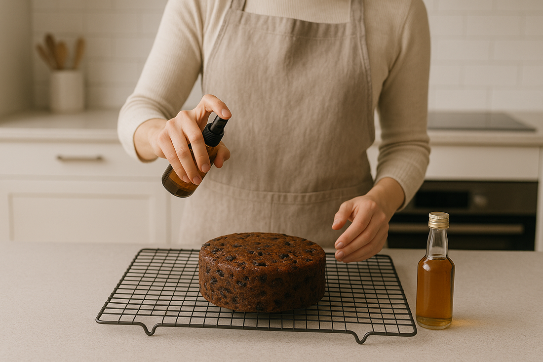 A woman in a beige apron spraying brandy onto a freshly baked fruitcake sitting on a cooling rack in a modern kitchen, with a bottle of brandy on the counter.