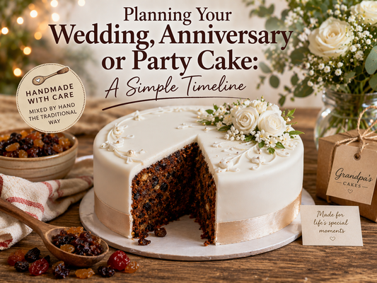 Traditional handmade wedding fruit cake UK with marzipan and icing, decorated with flowers on rustic table