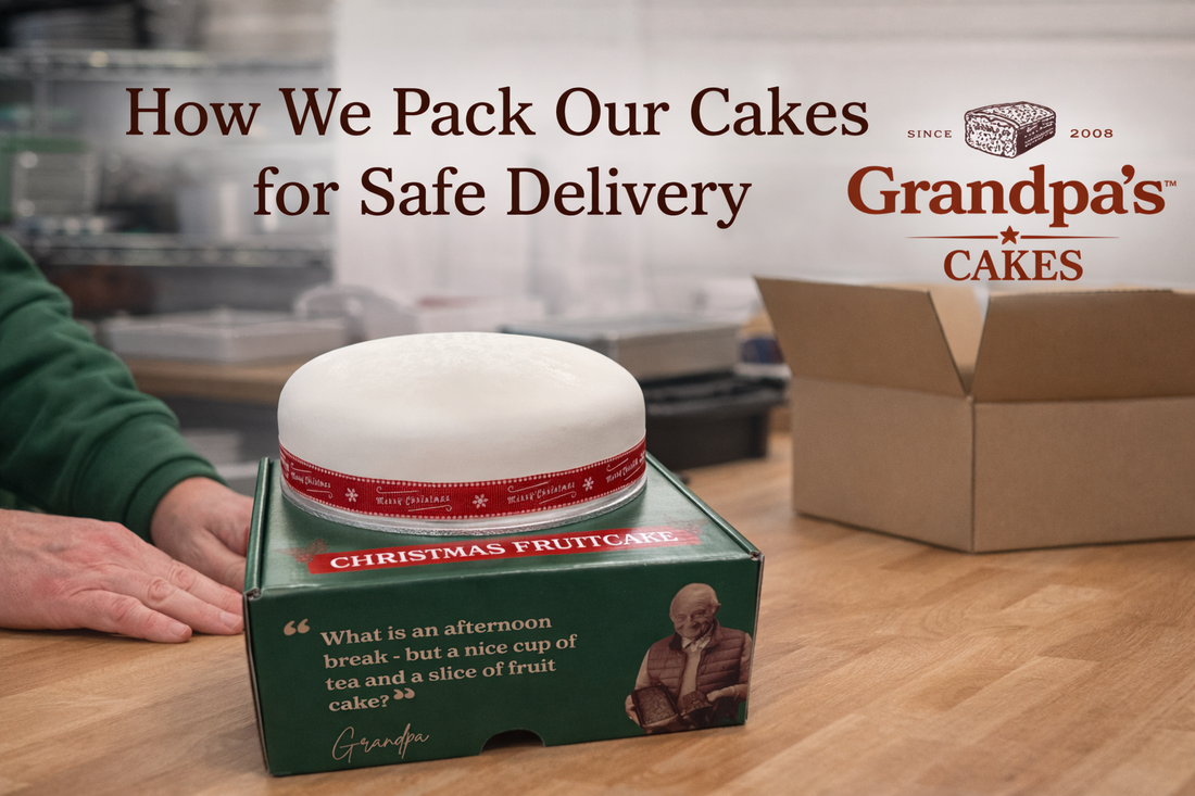 Handmade iced fruit cake being prepared for safe delivery at Grandpa’s Cakes