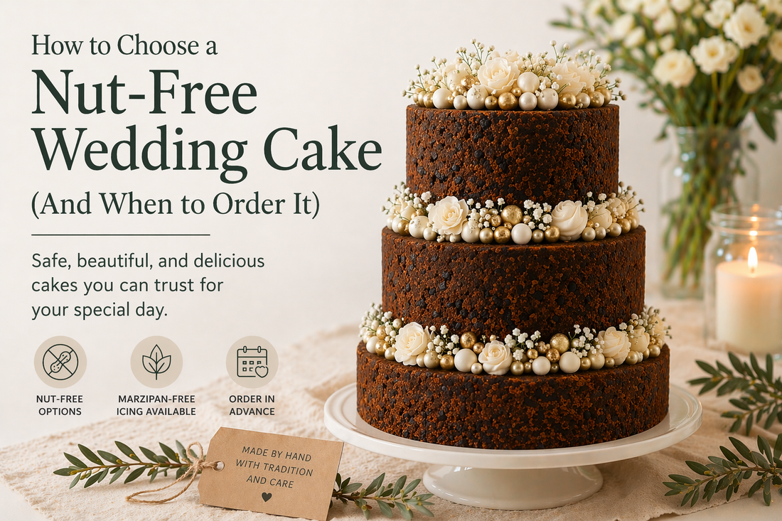 Nut-free wedding cake made from fruit cake, three tiers with decorative flowers and natural finish