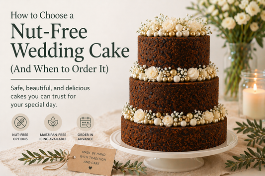 Nut-free wedding cake made from fruit cake, three tiers with decorative flowers and natural finish