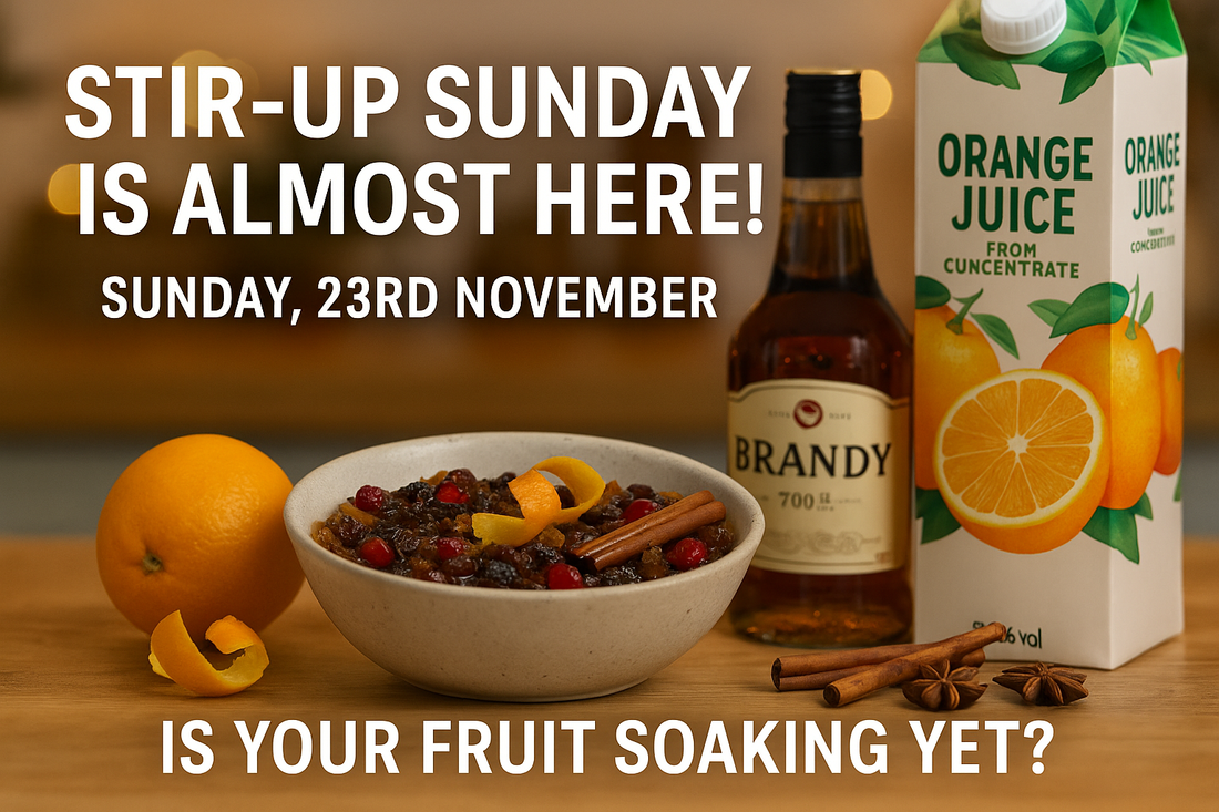 Bowl of fruit soaking in orange juice with zest and cinnamon Side-by-side: brandy bottle and juice carton with dried fruit Grandpa’s luxury fruit mix with handwritten Stir-up Sunday tag