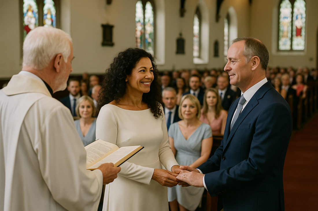 Middle-aged bride with curly dark hair and groom stand before the vicar in a church filled with wedding guests.