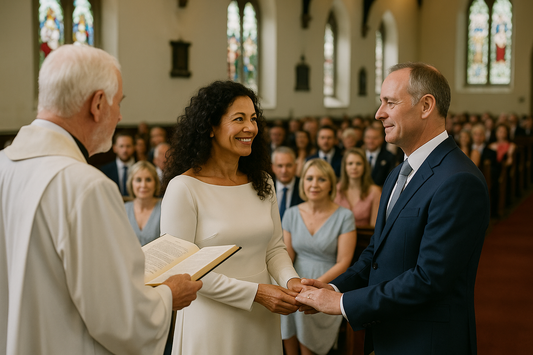 Middle-aged bride with curly dark hair and groom stand before the vicar in a church filled with wedding guests.