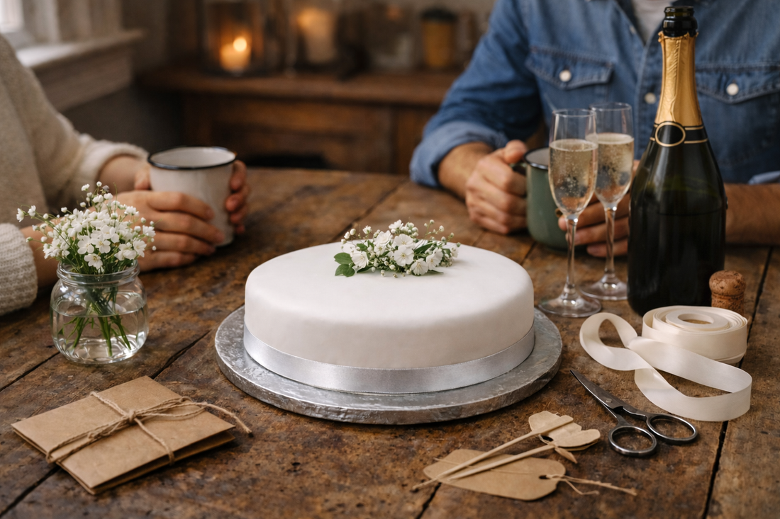 Bride and groom enjoying an intimate elopement with a wedding fruit cake on the table, with champagne.