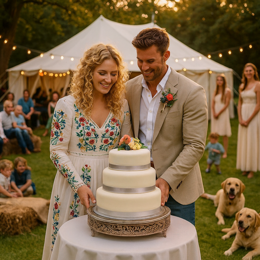 A three-tier iced wedding fruit cake on a silver stand, decorated with fresh flowers, set outdoors at a summer wedding reception.