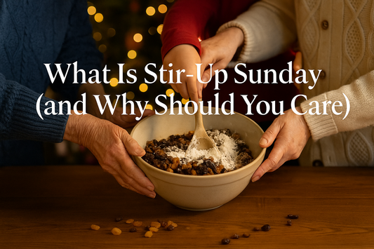 A family stirring fruit cake mixture in a large bowl at home, Mixed fruit and wooden spoon on a festive kitchen counter