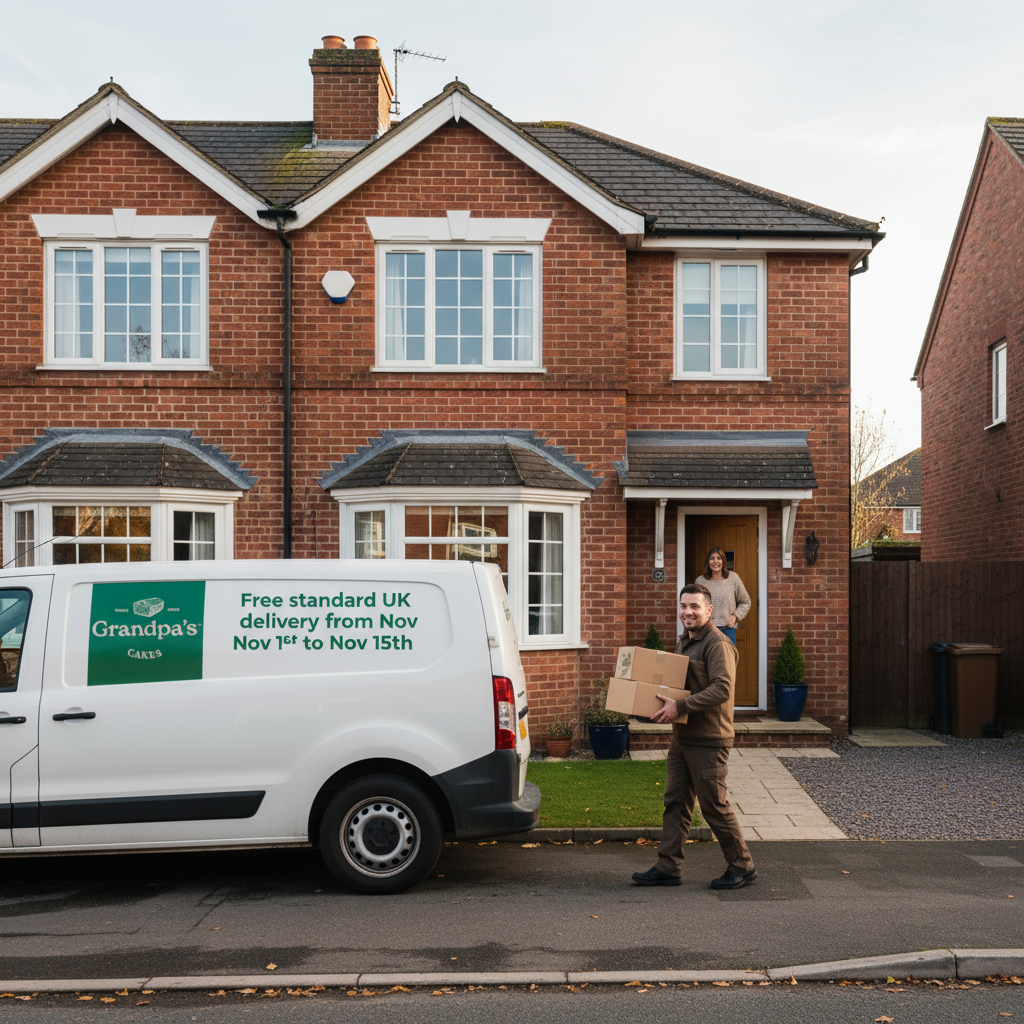 Promotional graphic showing Grandpa’s Cakes logo and free UK delivery offer on all cakes until November 15th.