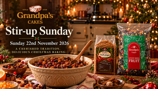 Grandpa's Cakes Stir-up Sunday 2026 Christmas baking scene with luxury mixed fruit and soft dark brown sugar