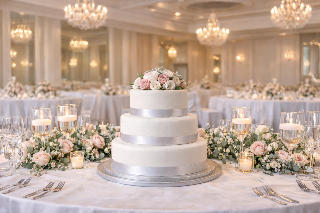 three tier wedding cake on top table in elegant banqueting suite with flowers and candles