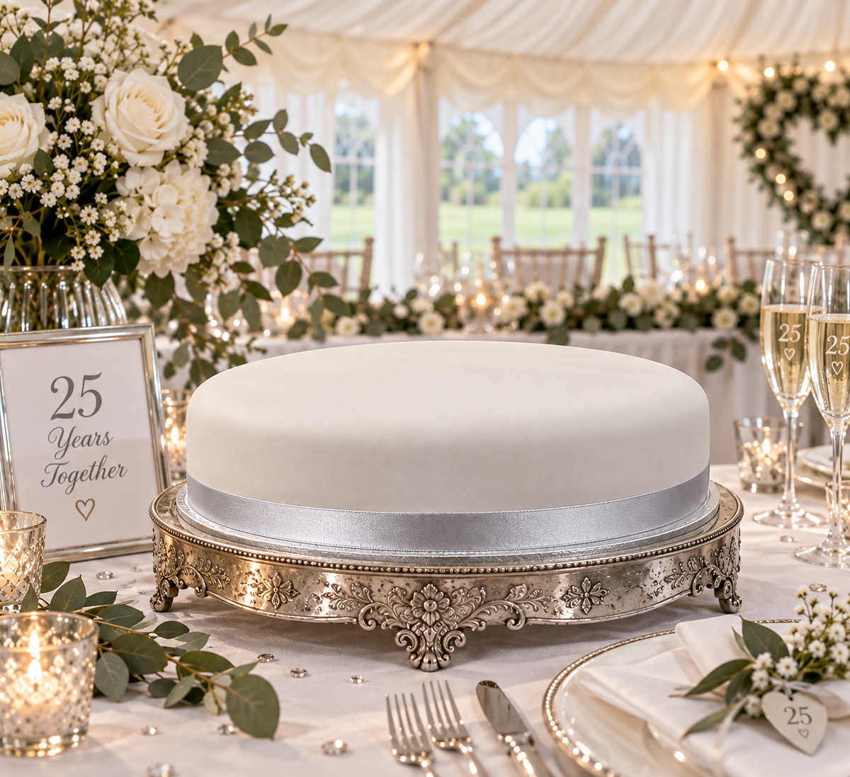 A round white cake with a silver ribbon band sits on an ornate silver pedestal in a decorated wedding reception setting. The table is styled with champagne flutes, lit candles, floral arrangements, and a sign reading '25 Years Together' under a white marquee tent.