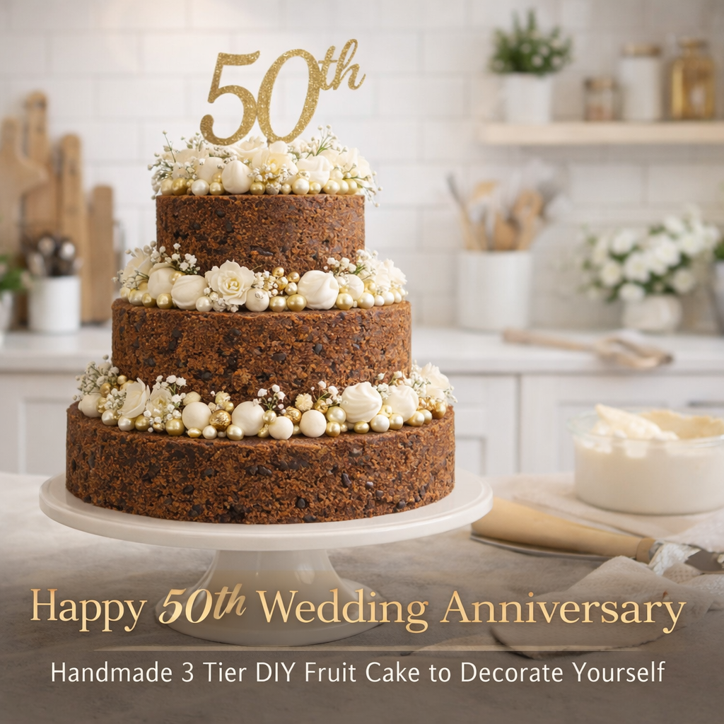 3 tier 50th wedding anniversary fruit cake (12 10 8 inch) DIY decorate yourself cake handmade UK