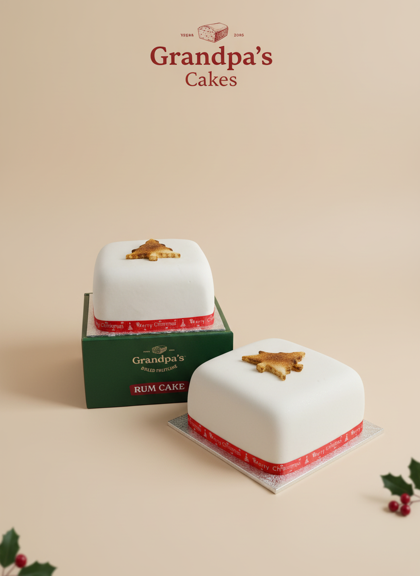 Two square cakes with a green box labeled 'Grandpa's Cakes' on a beige background.
