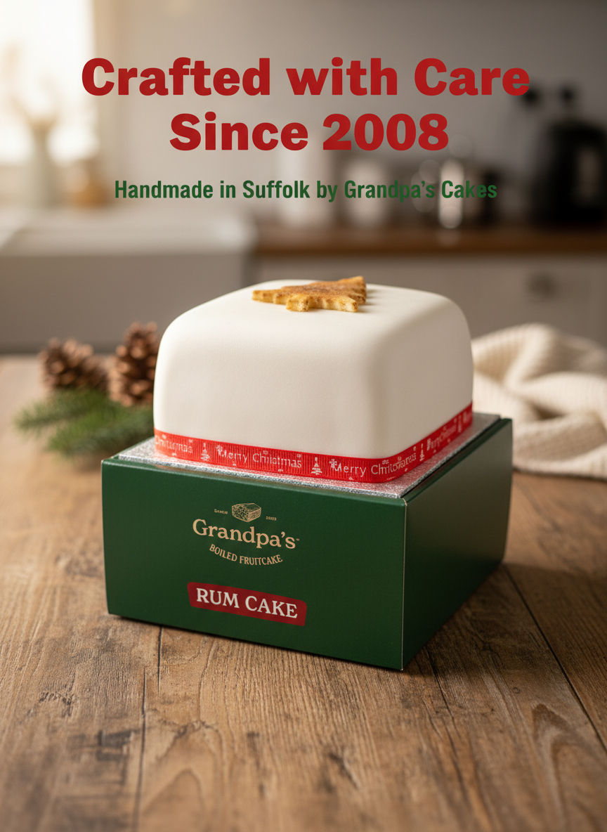 Handmade vegan Christmas fruit cake with printed gift box, 700g rum infused, Grandpa’s Cakes