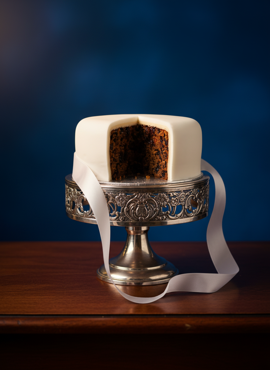 Handmade wedding Fruit Cake on a silver Pedestal, show rich cake with brandy.