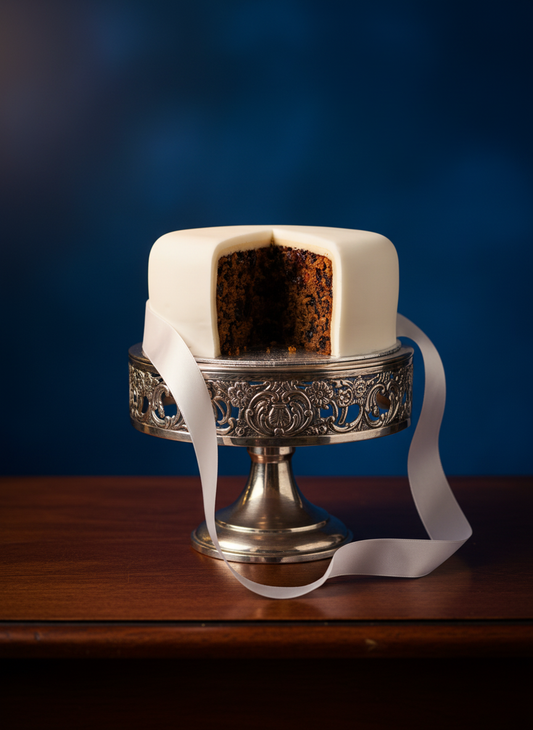 Handmade wedding Fruit Cake on a silver Pedestal, show rich cake with brandy.