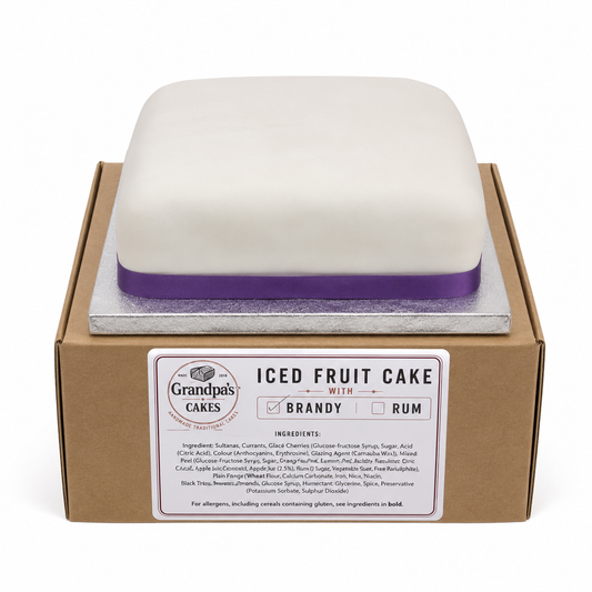 8 inch Square Iced Gluten Free Fruit Cake with Brandy Shipped to USA