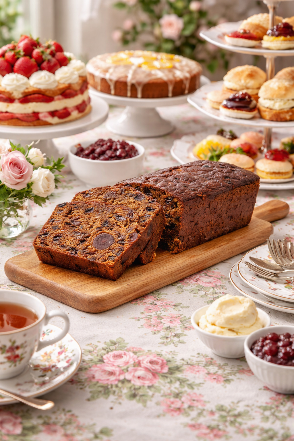 Classic fruit cake bar served at an afternoon tea table with other cakes, scones and tea, traditional British tea party setting