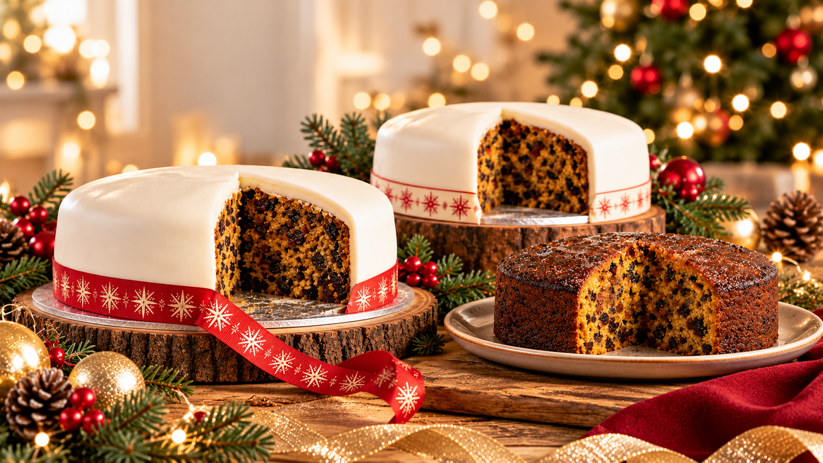Three decorated Christmas cakes displayed on a wooden table with festive decorations, including a sliced white cake with red ribbon, a sliced white cake on a wood slice, and a dark chocolate cake on a plate, with blurred Christmas lights and tree in the background.