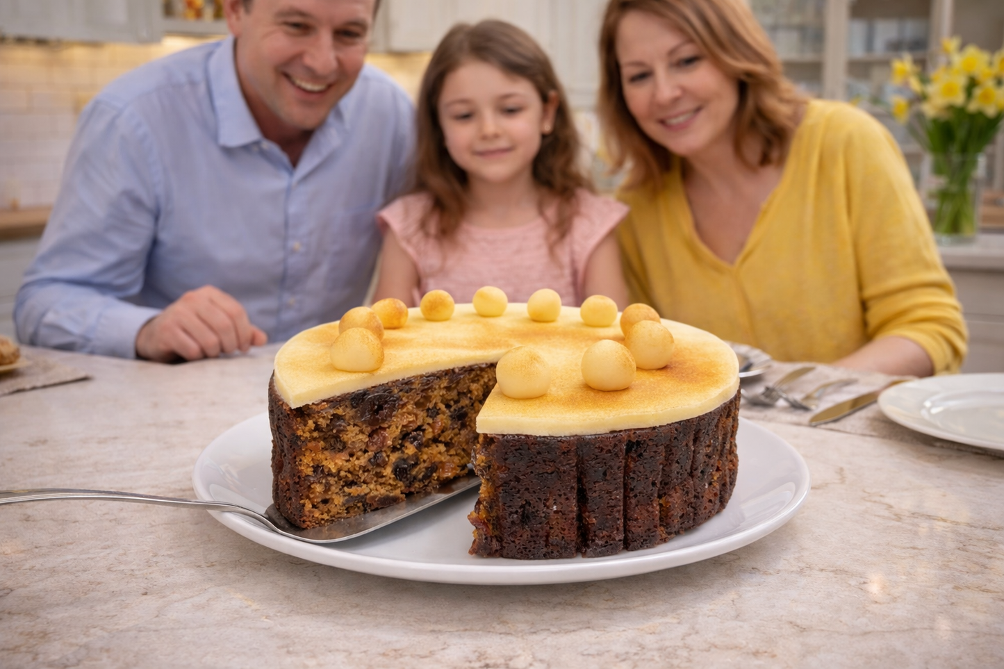 Gluten free simnel fruit cake with toasted marzipan topping and traditional marzipan balls
