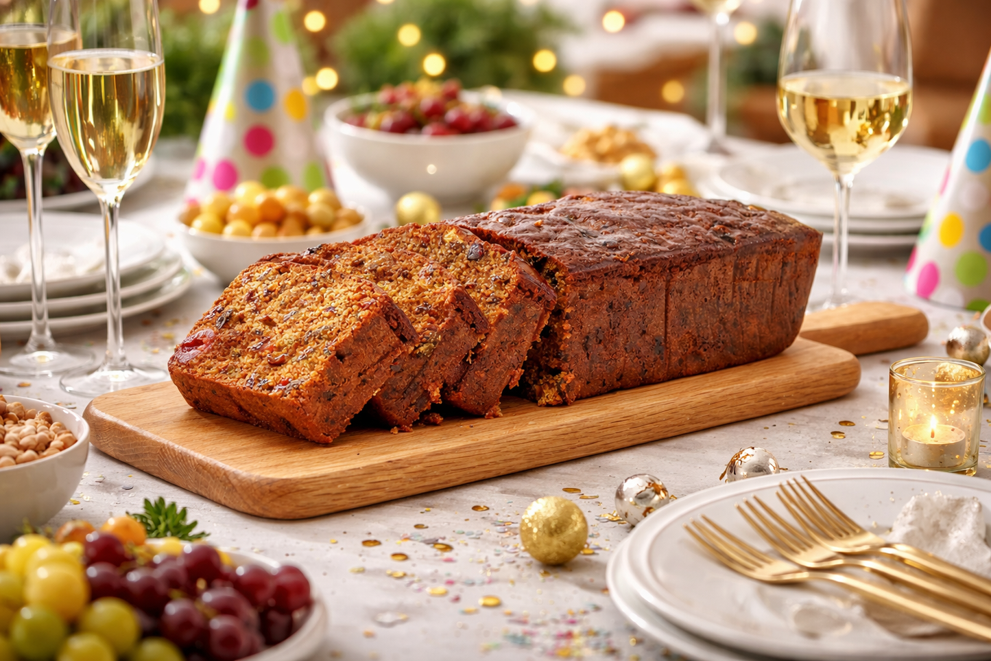 Handmade fruit cake loaf presented on a dining table ready for sharing at a small gathering