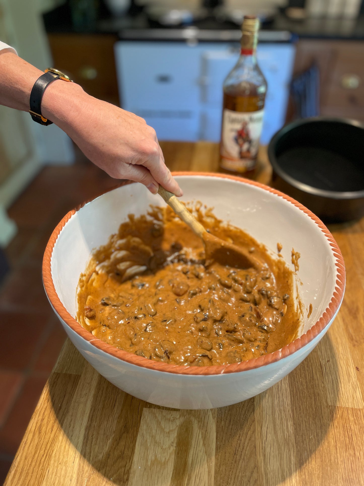 When Grandpas cake mix ingredients are all combined the flour will have absorbed into the mixture, all that remains is to add the fruit cake batter into the cake tin and bake.