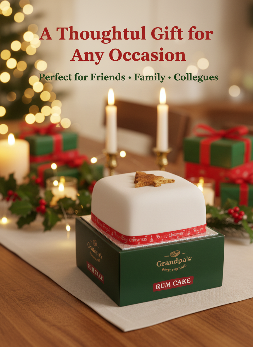 Handmade vegan Christmas fruit cake with printed gift box, 700g rum infused, Grandpa’s Cakes