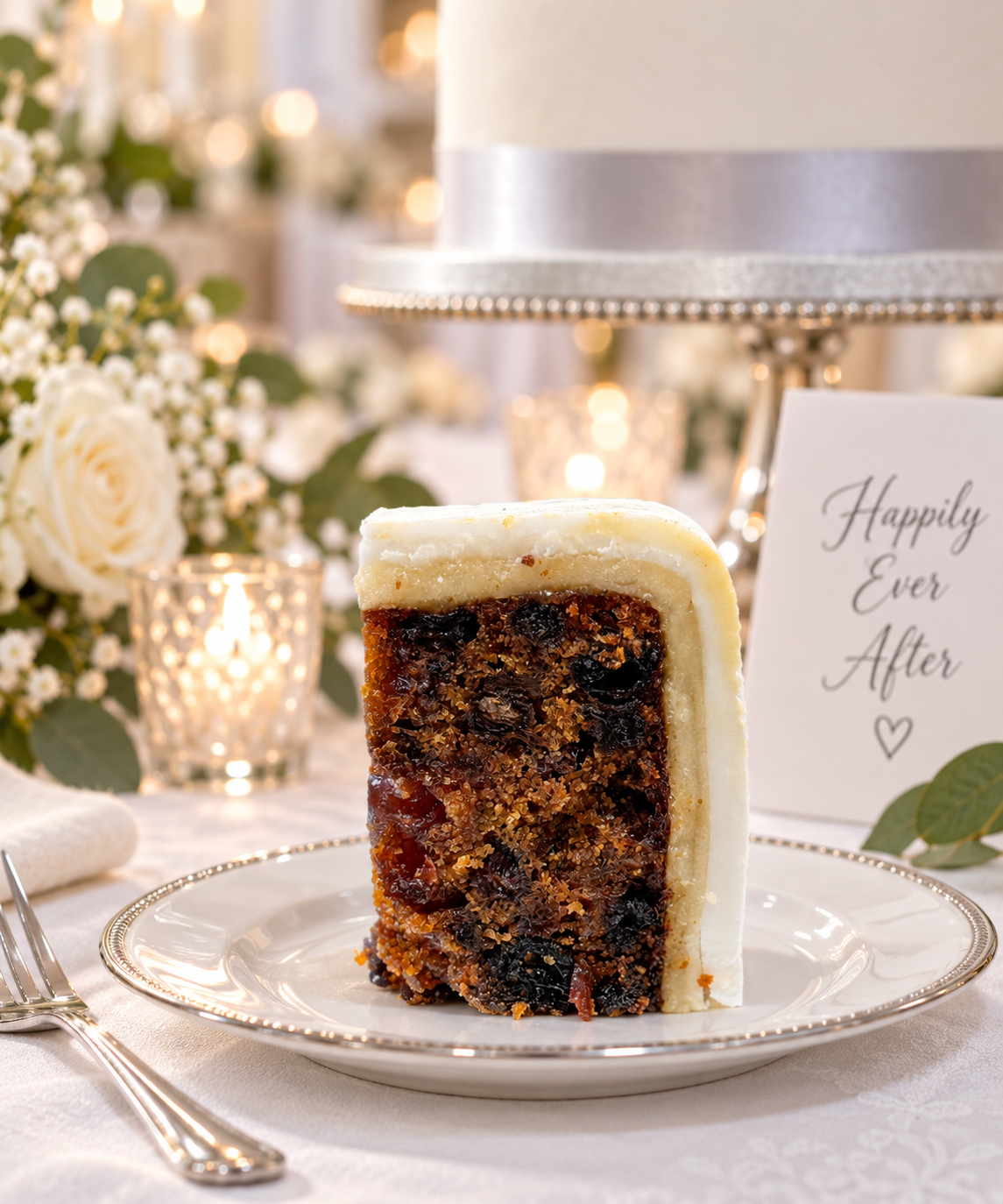 A slice of layered wedding cake with white frosting sits on a white plate on a decorated table. A card reading 'Happily Ever After' is visible in the background along with candles, flowers, and a cake stand.