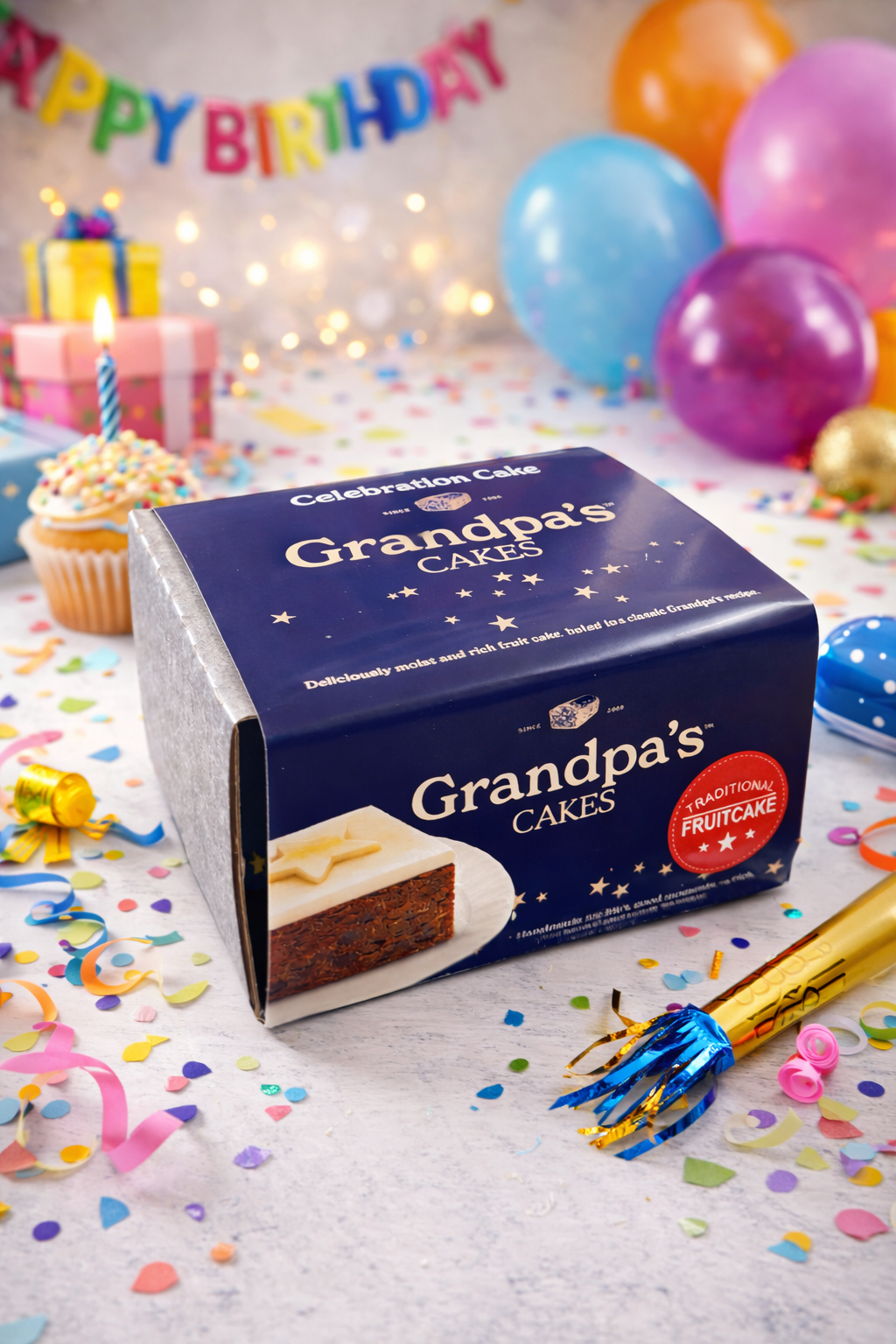 happy birthday fruit cake, in a gift box.