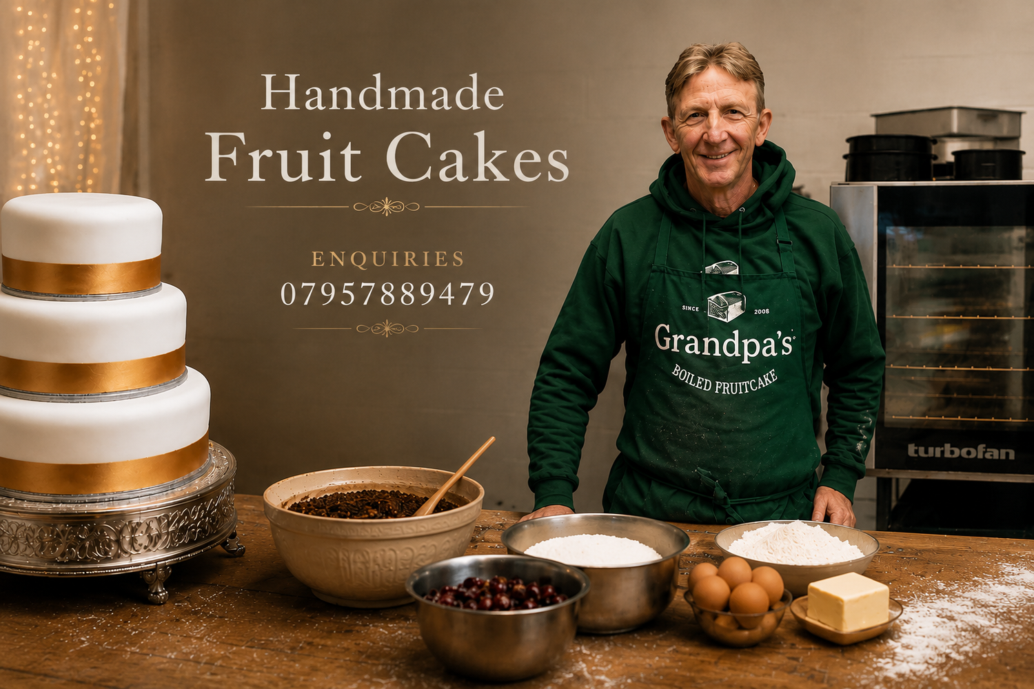 Handmade fruit cakes by Grandpa’s Cakes with baker Todd in the Suffolk bakery kitchen beside a luxury iced fruit cake and traditional baking ingredients