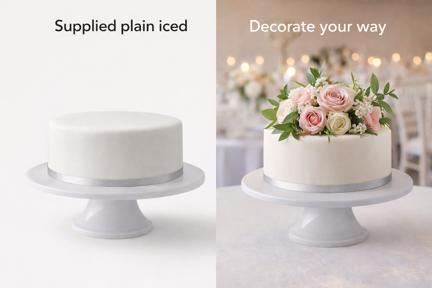 handmade 8 inch iced wedding fruit cake UK supplied plain for DIY decoration and example with floral wedding styling