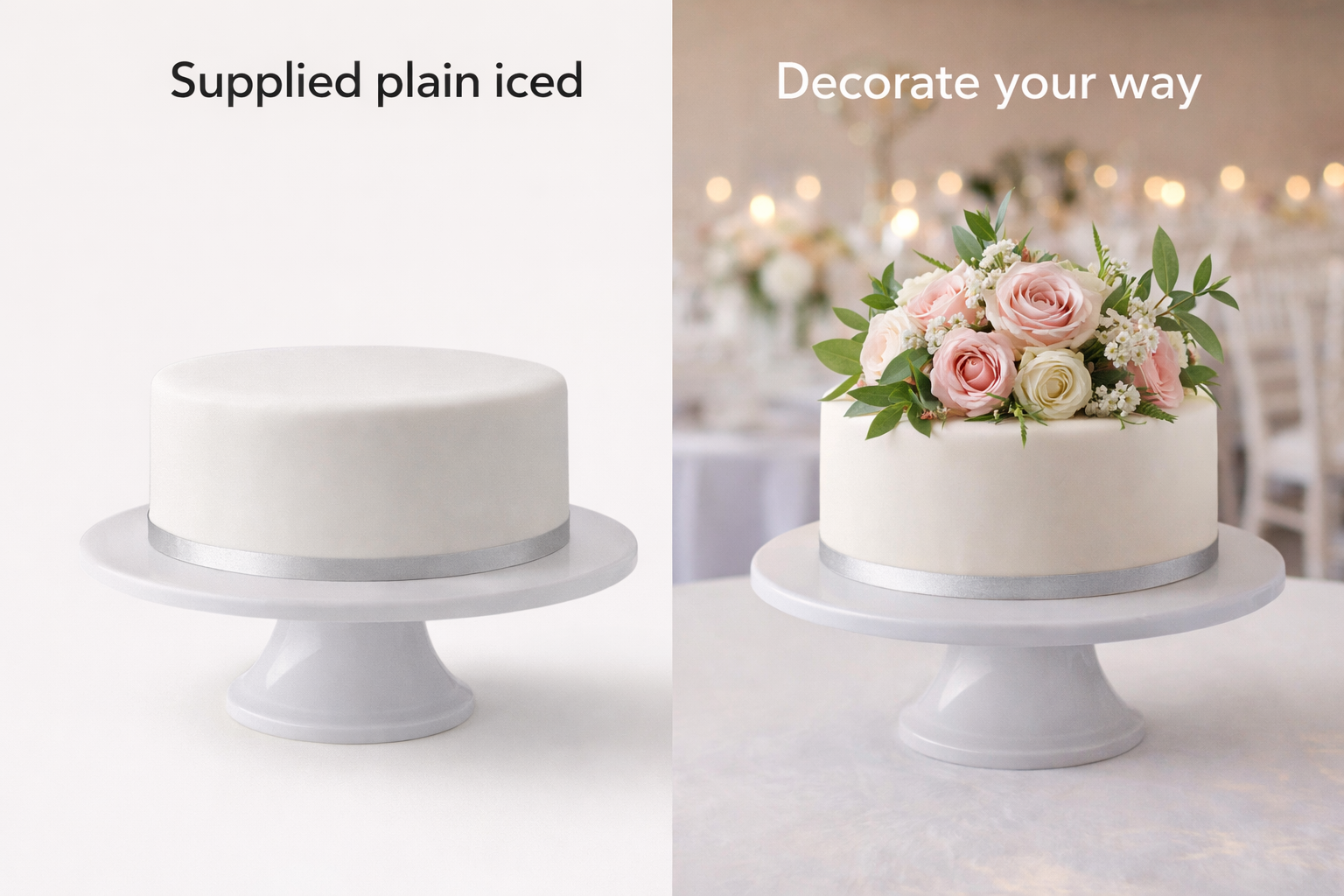 handmade 8 inch iced wedding fruit cake UK supplied plain for DIY decoration and example with floral wedding styling