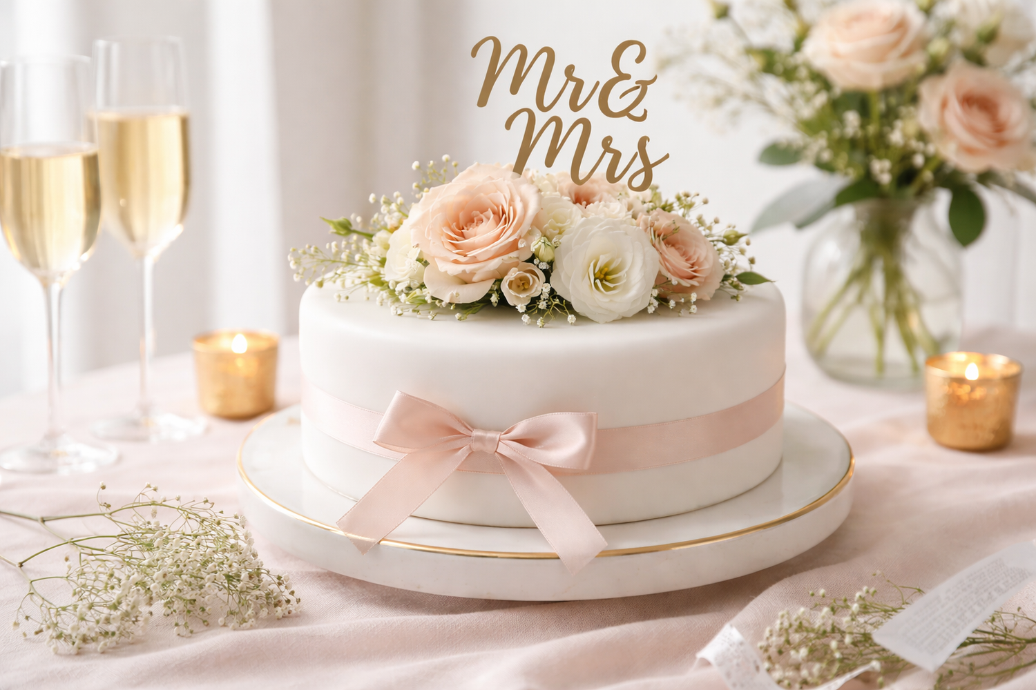 Decorated iced wedding fruit cake with ribbon and floral topper on cake stand