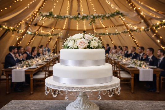 Two tier iced wedding fruit cake with silver ribbon and fresh flowers displayed in a tipi marquee wedding setting